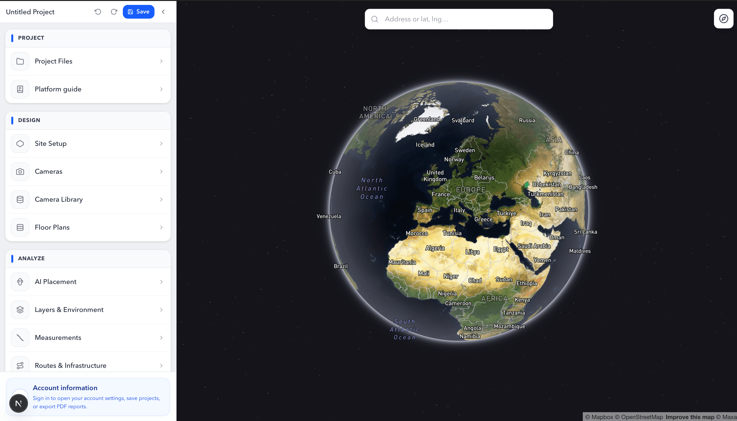 CoverageOS planner interface showing map-based CCTV design tools.
